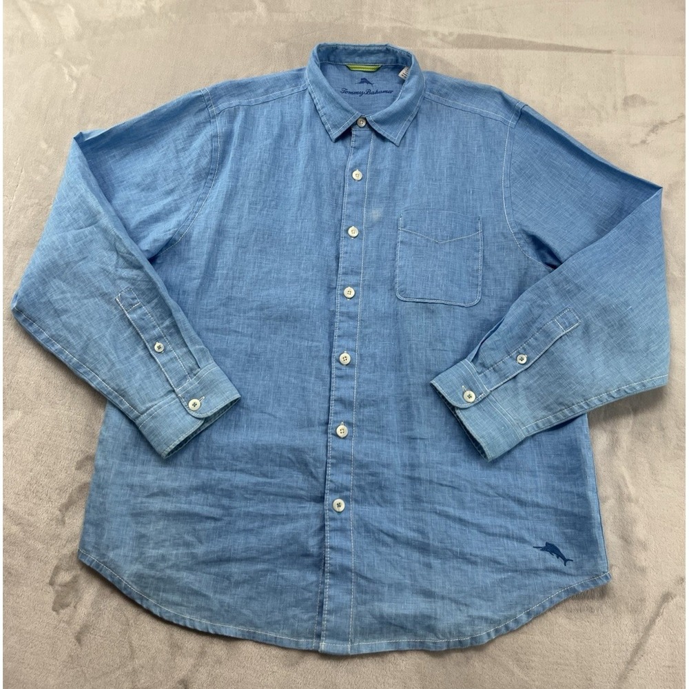 Tommy Bahama Shirt Men Large Blue Button up 100% Linen Breathable Beach Casual
